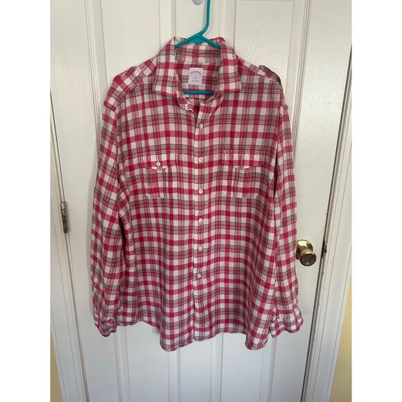 Brooks Brother Red & White Plaid Linen 346 Lightweight Button Up Size XL - Picture 1 of 4
